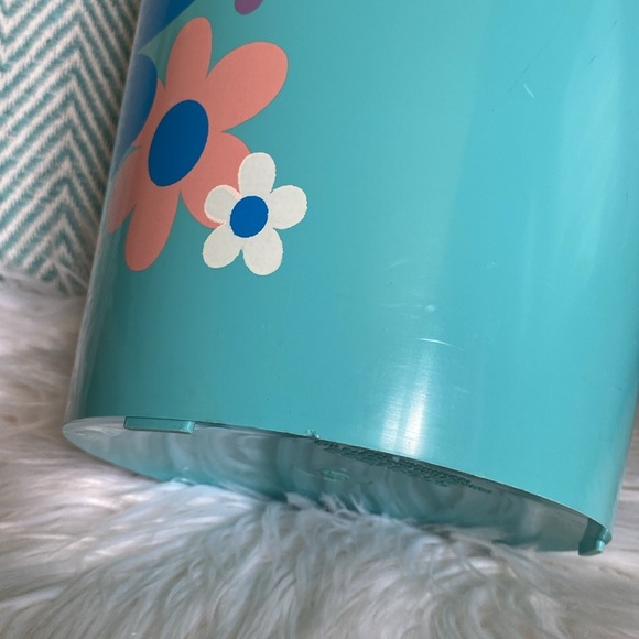 Vintage 60s Mod Hostess Floral Teal Trash Can Bin Scalloped Blue Flower Power - Picture 9 of 11